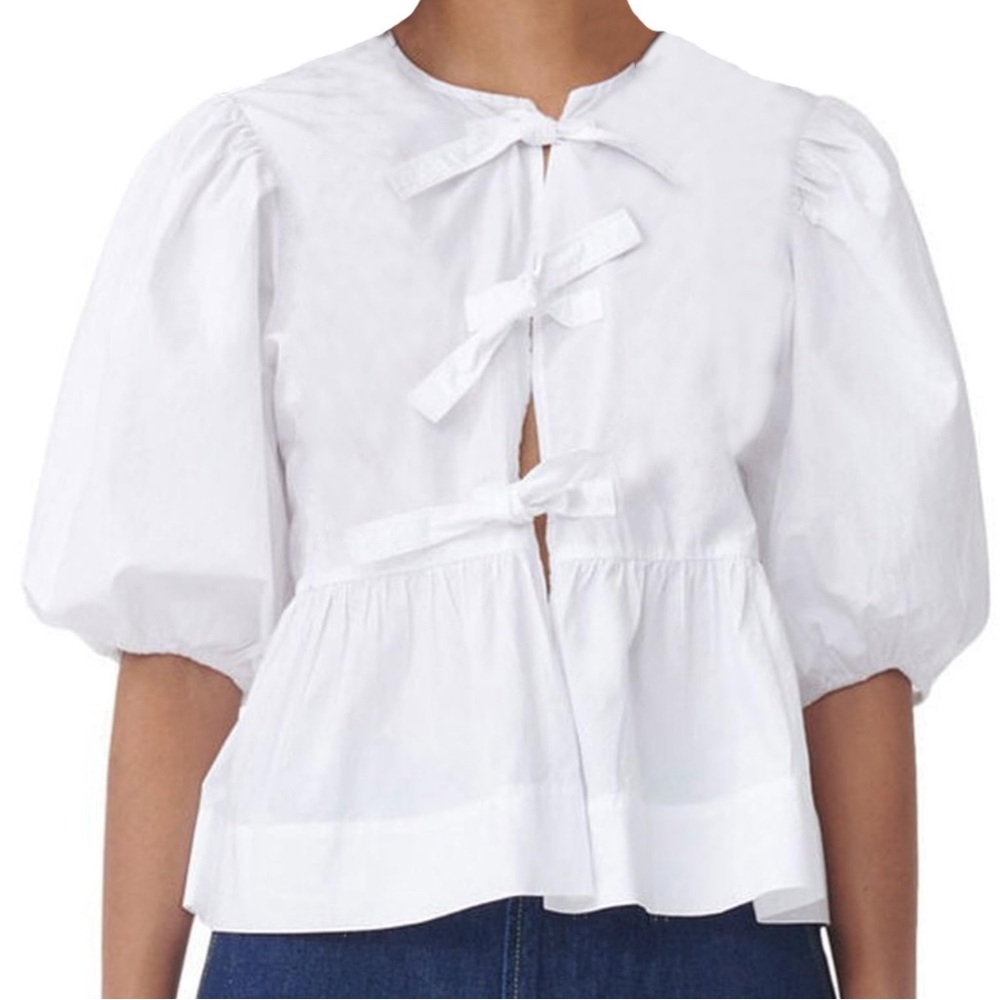 White Front Tie Bow Sleeve Blouse